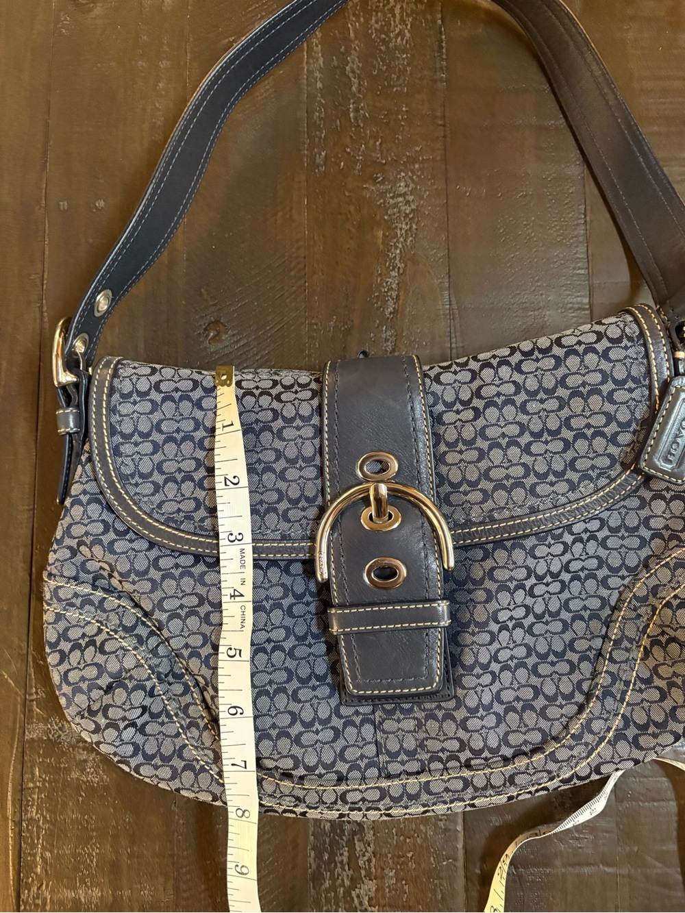 Coach Navy Signature Canvas Shoulder Bag with Dark Leather Trim